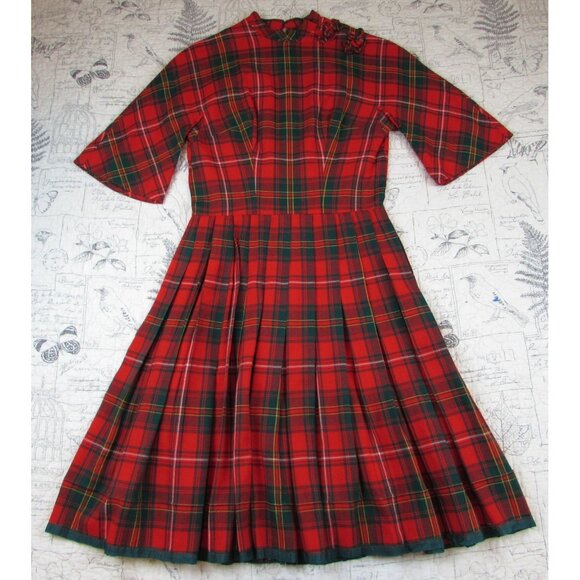 60'S VINTAGE MAM'SELLE BY BETTY CAROL RED TARTON HOLIDAY DRESS  SIZE XS - Picture 1 of 11